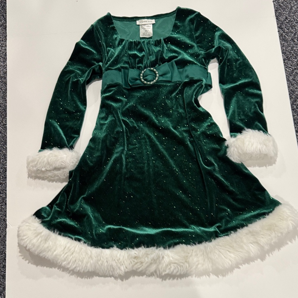Bonnie Jean Green Velvet Dress with White Trim
